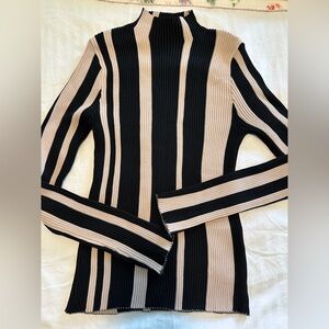 Striped Black and Beige Ribbed Turtleneck Sweater